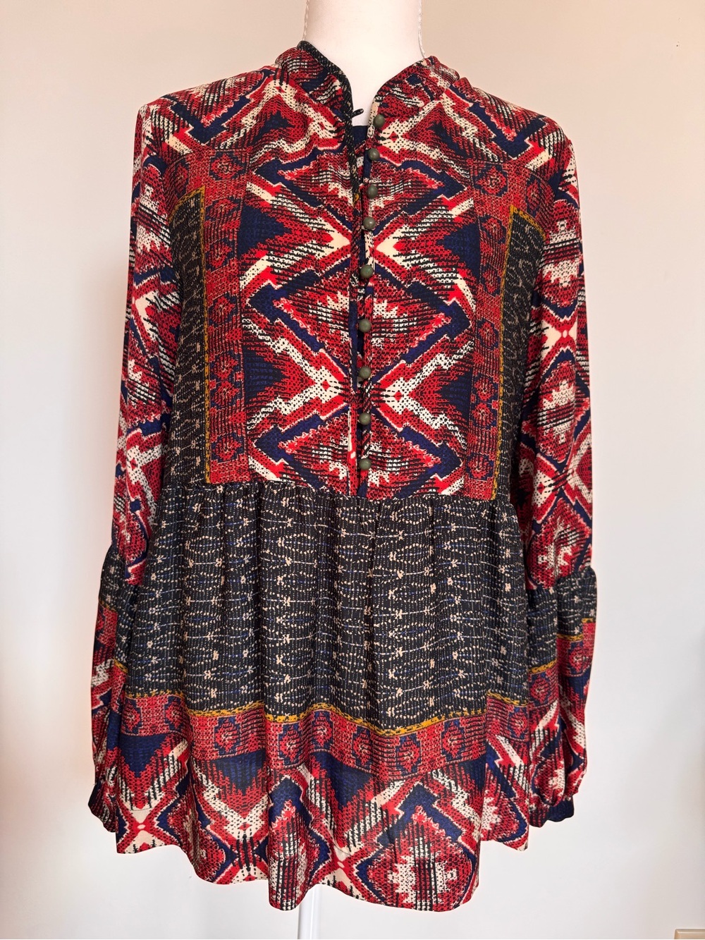 Boho Geometric Print Long Sleeve Women's Top - Red/Navy